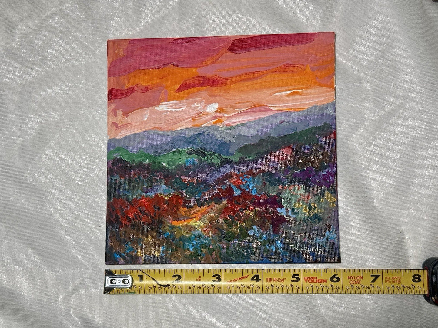 Acrylic painting ORIGINAL art Landscape sunset Mountain wildflower field 6x6