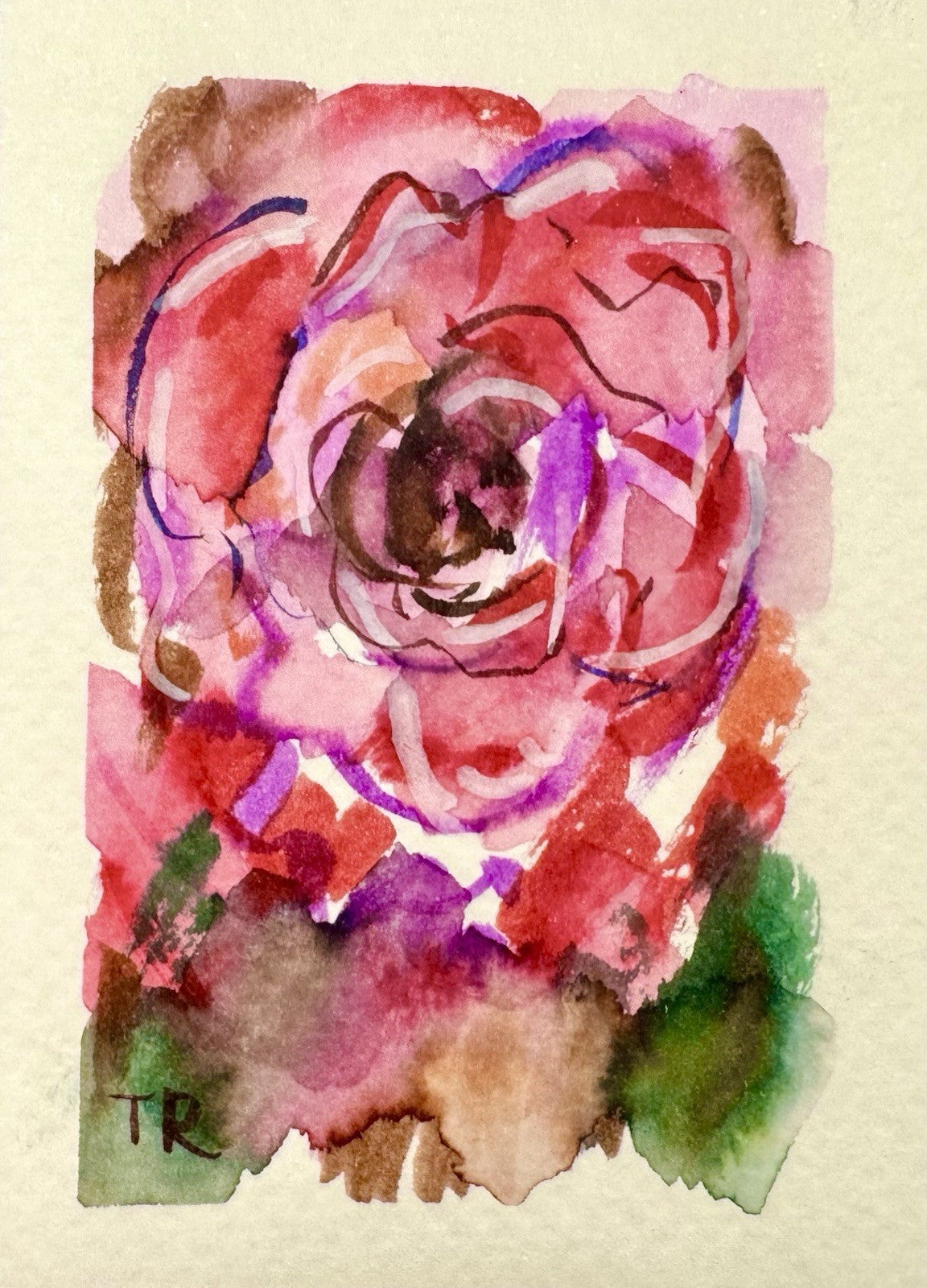 ACEO Watercolor Red Rose ORIGINAL Art ATC Painting Miniature Flower 2.5x3.5"