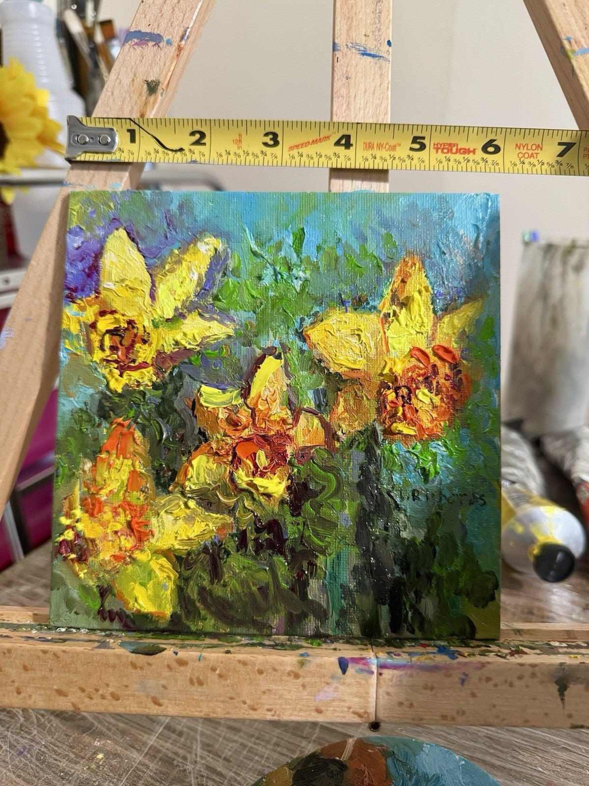 Oil painting ORIGINAL art Yellow Daffodil Flower Floral Nature Still Life 6x6”