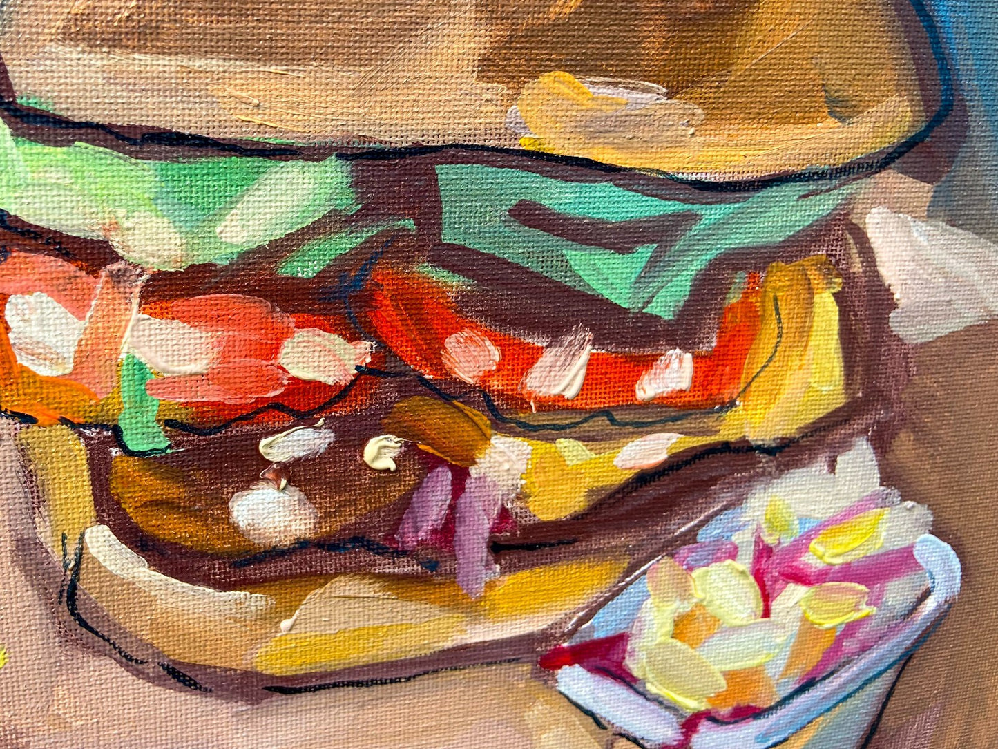 Oil painting ORIGINAL art Burger wall art fast food fries artwork 12x12"