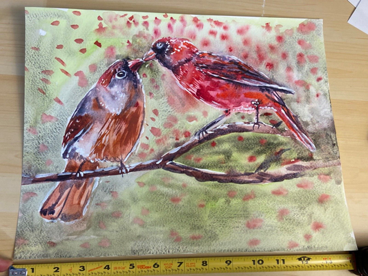 Watercolor painting ORIGINAL art Red Northern cardinal couple bird 11x14"