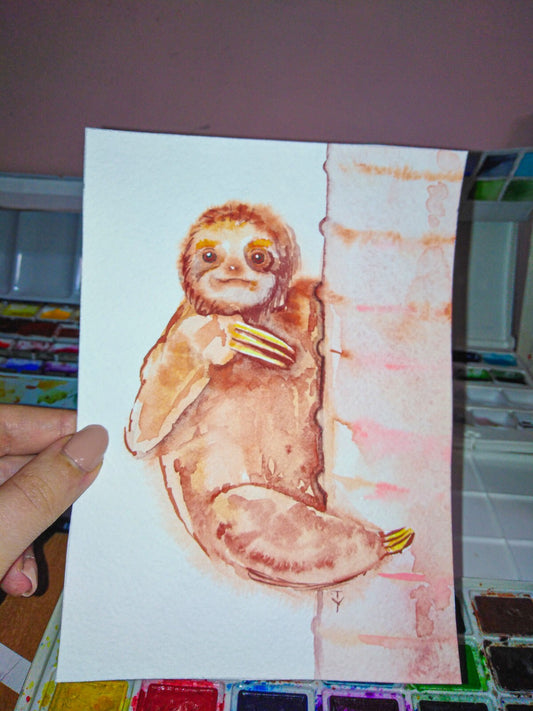 WATERCOLOR Painting ORIGINAL Art Sloth Animal Artwork Small Wall Art 5x7"