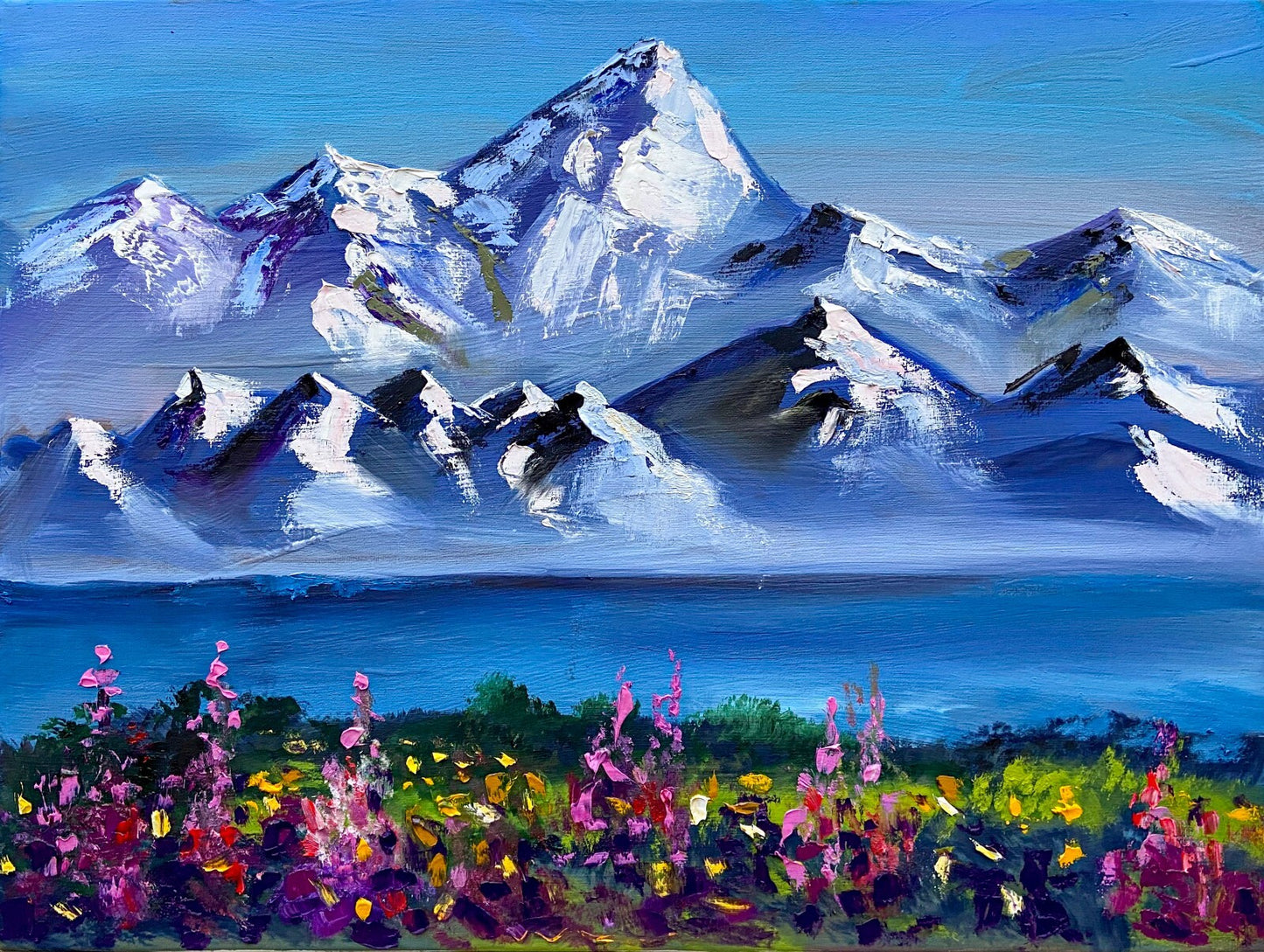 Original art oil painting Landscape mountain artwork Lake lupines Alaska 18x24"