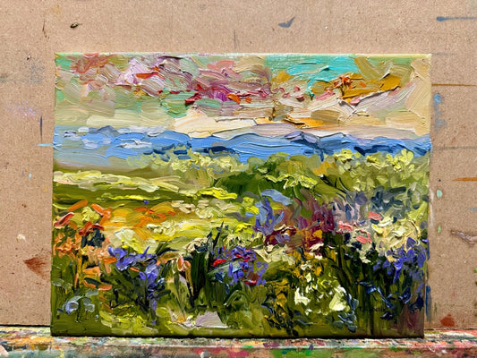 Field painting ORIGINAL art Landscape mountain artwork Floral wildflower 9x12"