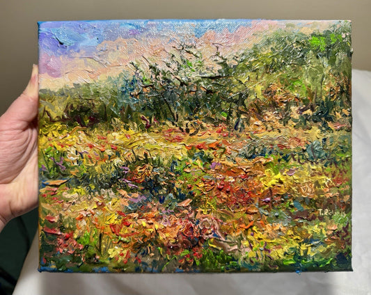 Oil painting ORIGINAL art field Windflower artwork Landscape flowers Forest 8x10