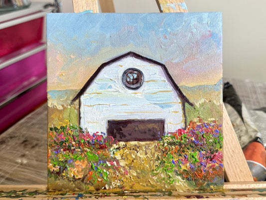 Farmhouse Oil painting ORIGINAL art Cottage House Flower Garden landscape 6x6