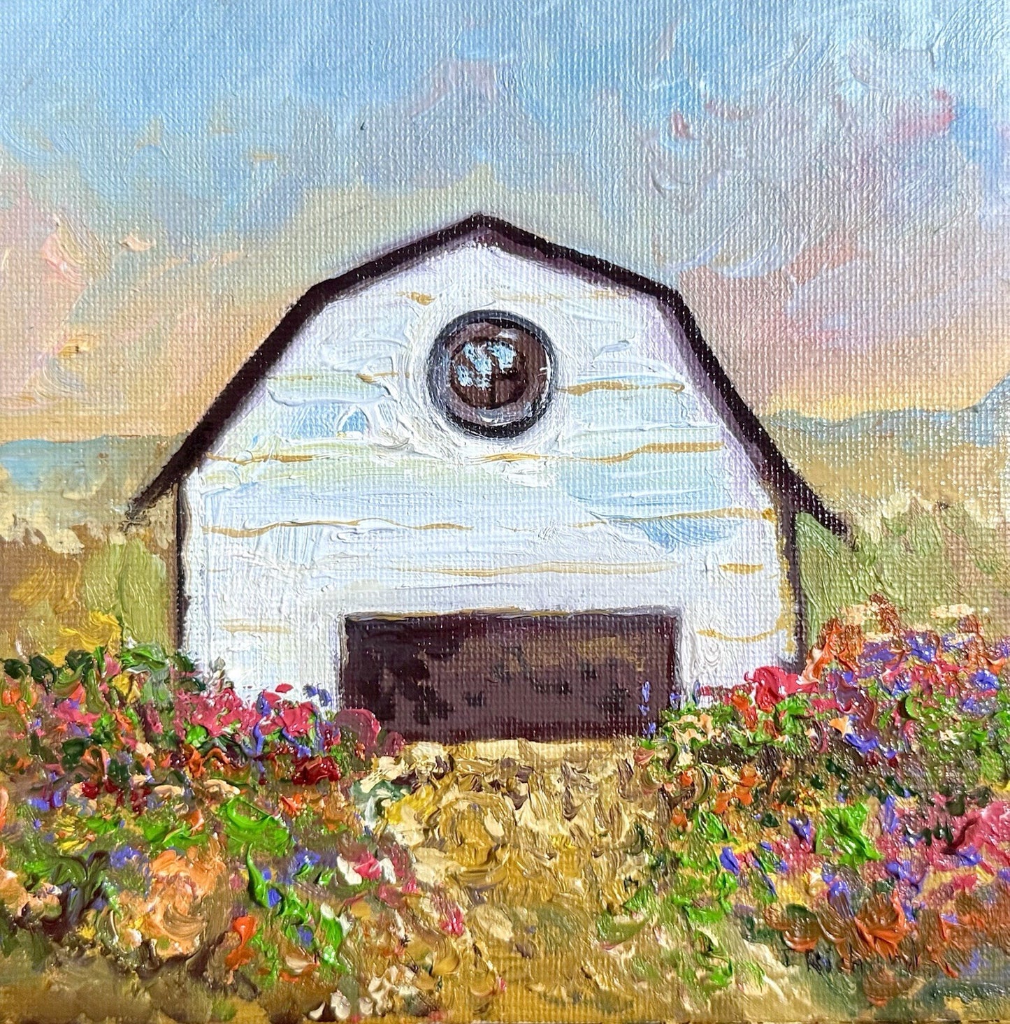 Farmhouse Oil painting ORIGINAL art Cottage House Flower Garden landscape 6x6