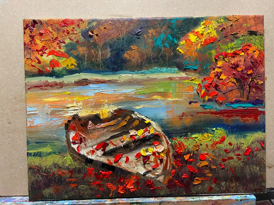 Oil painting ORIGINAL art Boat Fall landscape New England lake river 12x16"