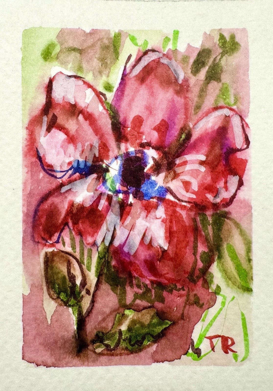 ACEO Watercolor Hibiscus ORIGINAL Art ATC Painting Miniature Flower 2.5x3.5"