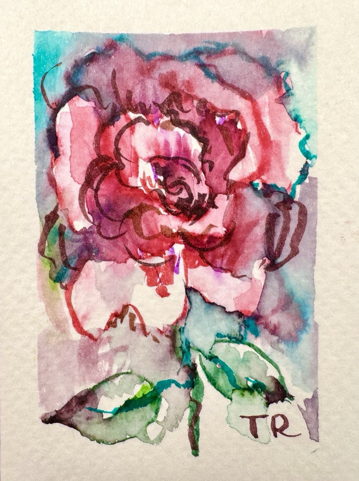 ACEO Watercolor Red Rose ORIGINAL Art ATC Painting Miniature Flower 2.5x3.5"