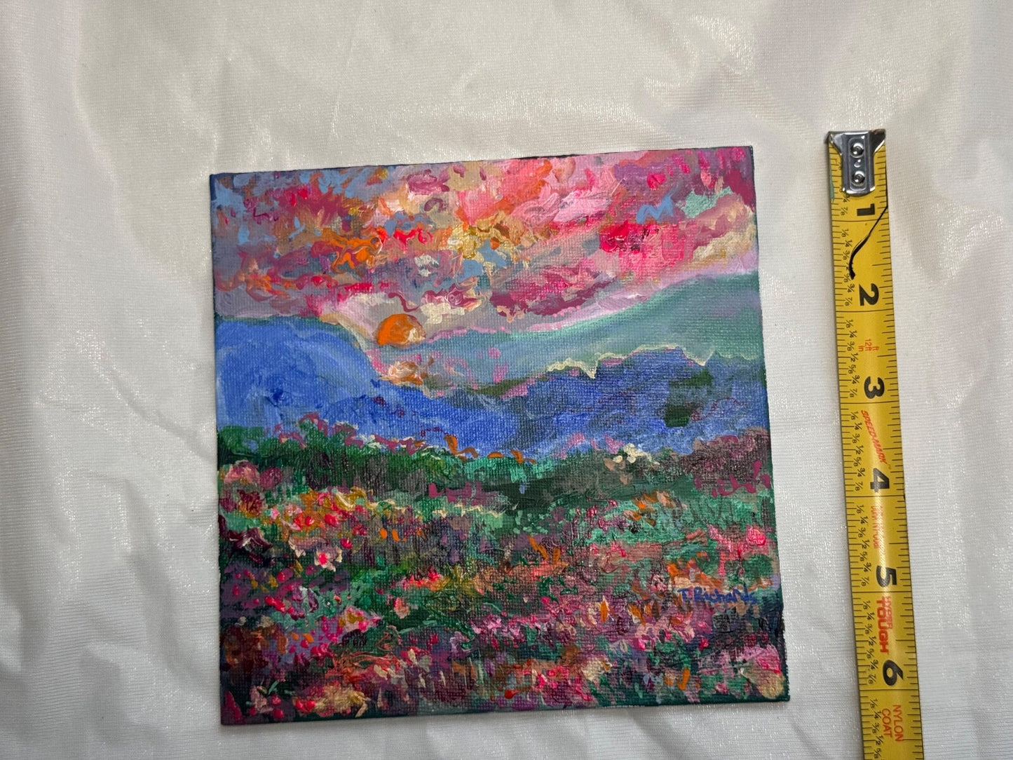 Acrylic painting ORIGINAL art Landscape sunset Mountain wildflower field 6x6
