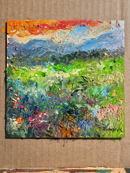 Oil painting ORIGINAL art Landscape sunset Mountain wildflower field Floral 6x6”
