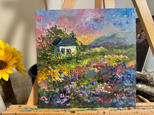 Farmhouse Oil painting ORIGINAL art Cottage House Flower Garden landscape 8x8