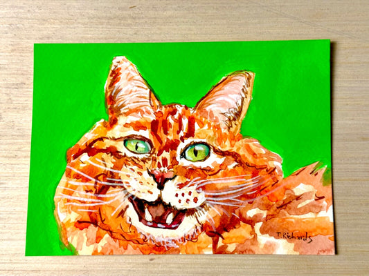 ORIGINAL Art WATERCOLOR Painting Red tabby cat Pet animal portrait Artwork 5x7"