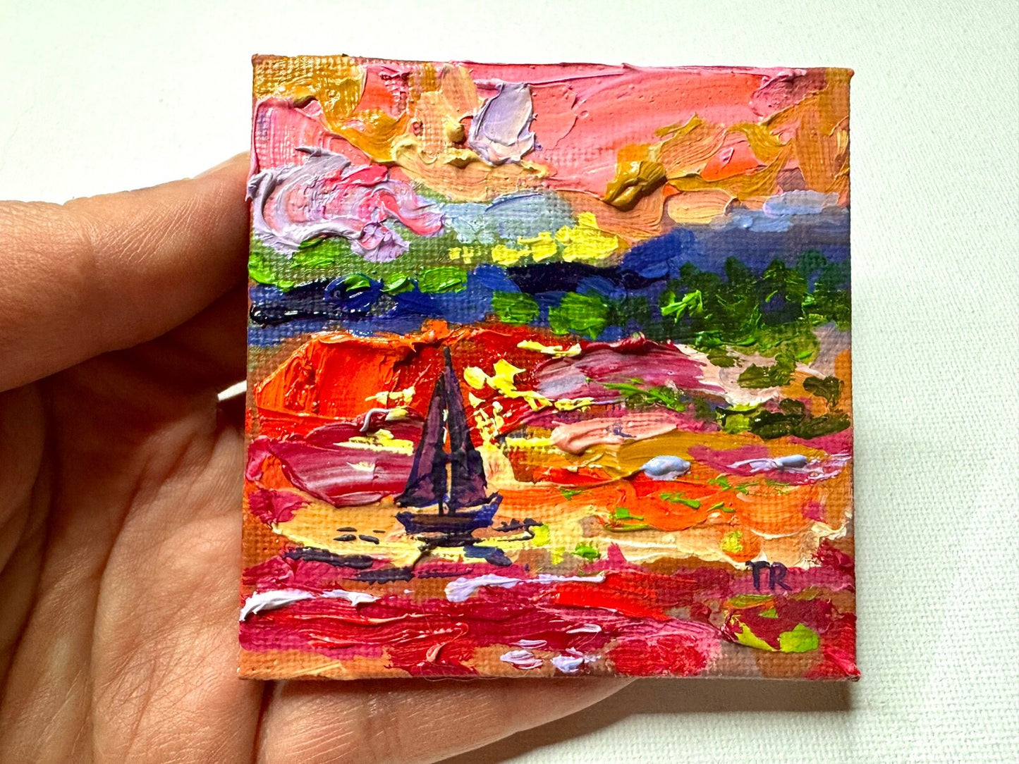 ORIGINAL oil painting Ocean sailboat River boat Sunset seascape mini art 3x3”