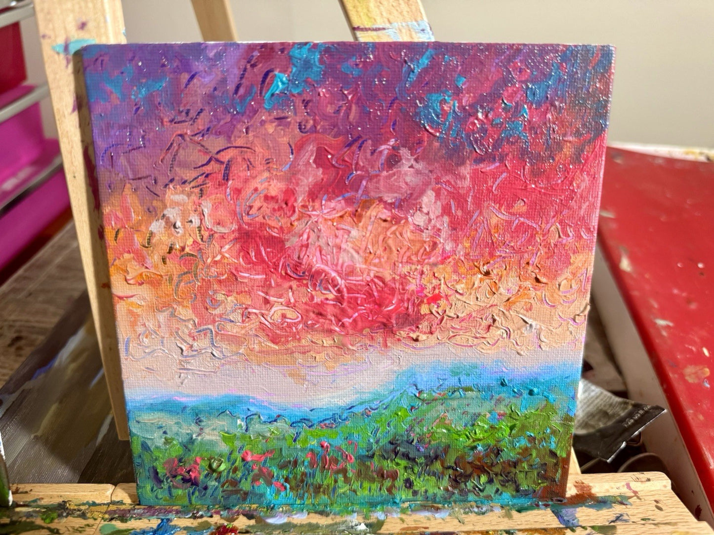 Oil painting ORIGINAL art Landscape sunset Sky Cloud wildflower field Floral 6x6