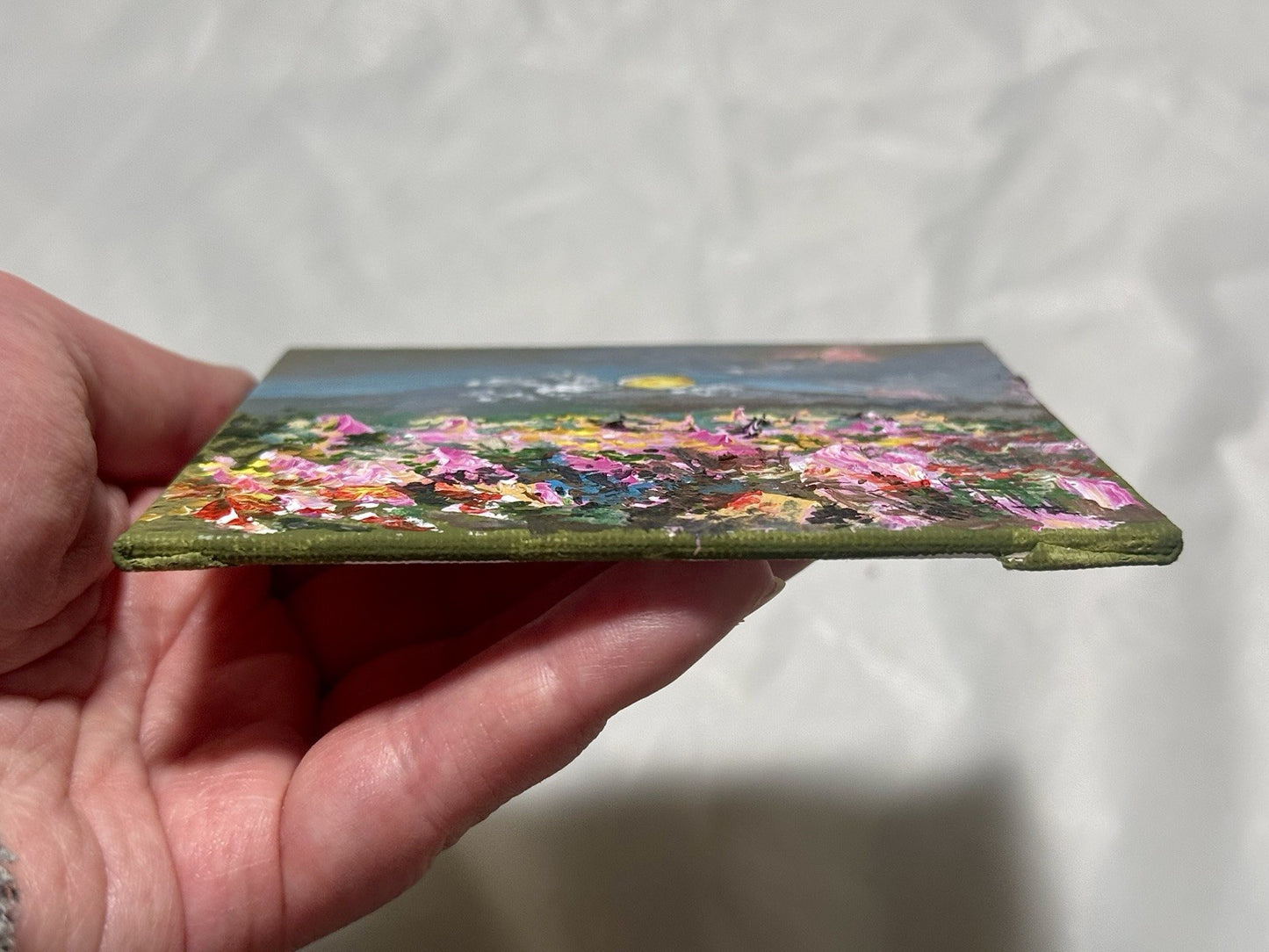Wildflower field Original art Landscape Mountain NH floral Acrylic Painting 4x4”