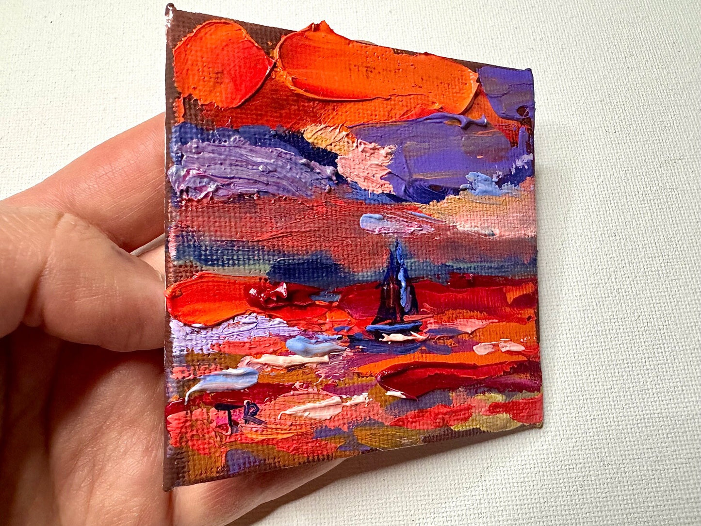 ORIGINAL oil painting Ocean sailboat River boat Sunset red seascape mini art 3x3