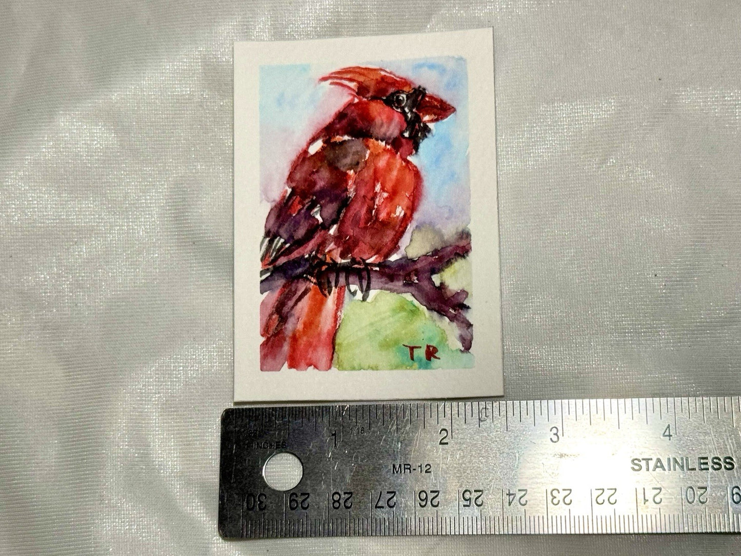 ACEO Watercolor Red Cardinal Bird ORIGINAL Art ATC Painting Miniature 2.5x3.5"
