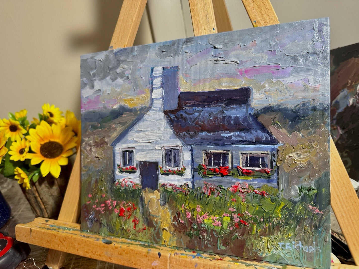 Farmhouse Oil painting ORIGINAL art Cottage House Flower Garden landscape 8x10