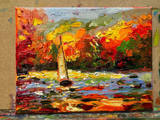 ORIGINAL art Oil painting Sailboat Lake river Fall forest seascape signed 6x8"