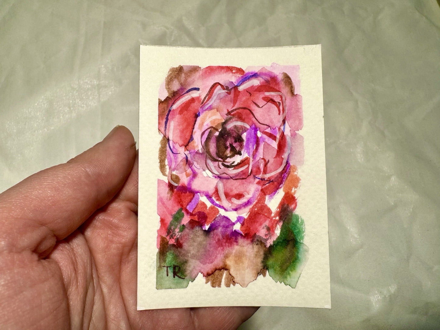 ACEO Watercolor Red Rose ORIGINAL Art ATC Painting Miniature Flower 2.5x3.5"