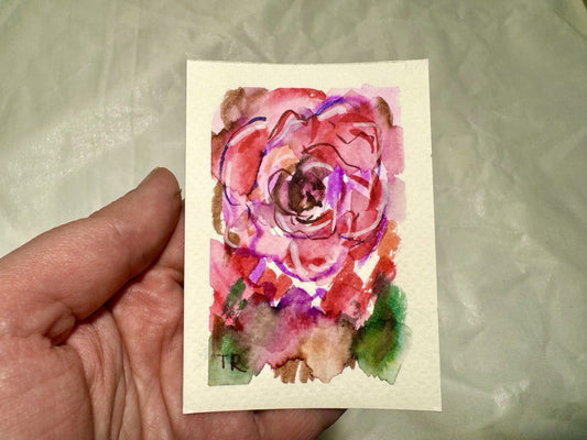 ACEO Watercolor Red Rose ORIGINAL Art ATC Painting Miniature Flower 2.5x3.5"