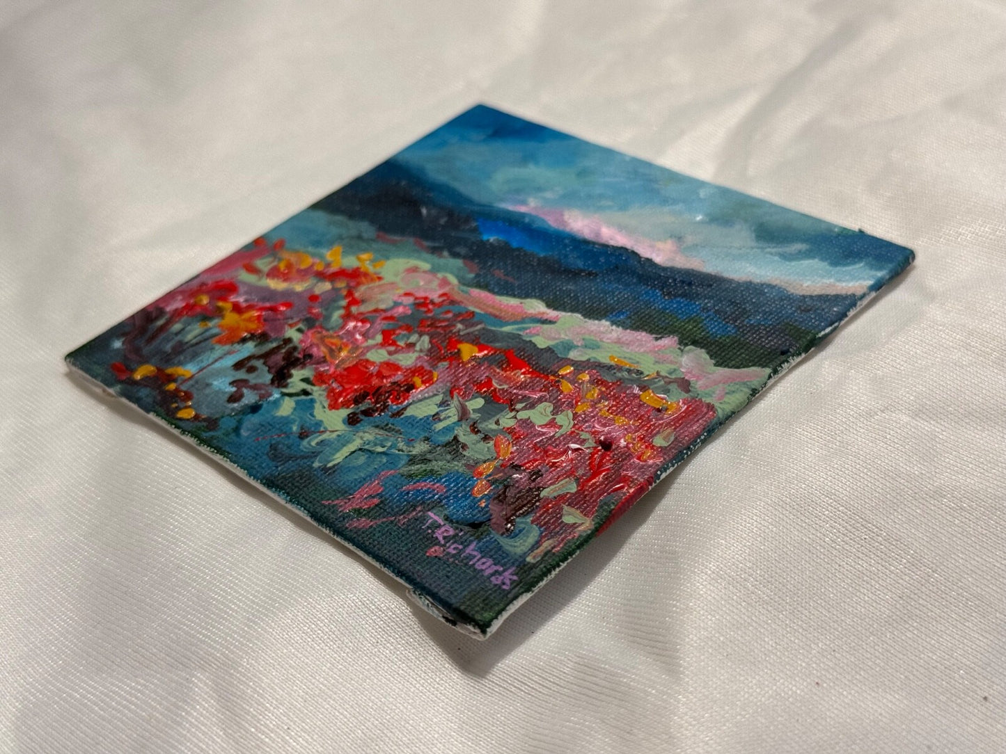 Wildflower field Original art Landscape red flower floral Acrylic Painting 4x4”