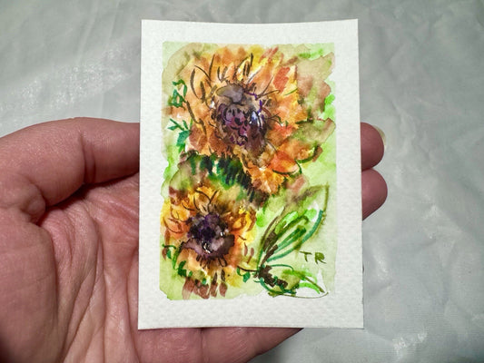 ACEO Watercolor Sunflower ORIGINAL Art ATC Painting Flower Floral Mini 2.5x3.5