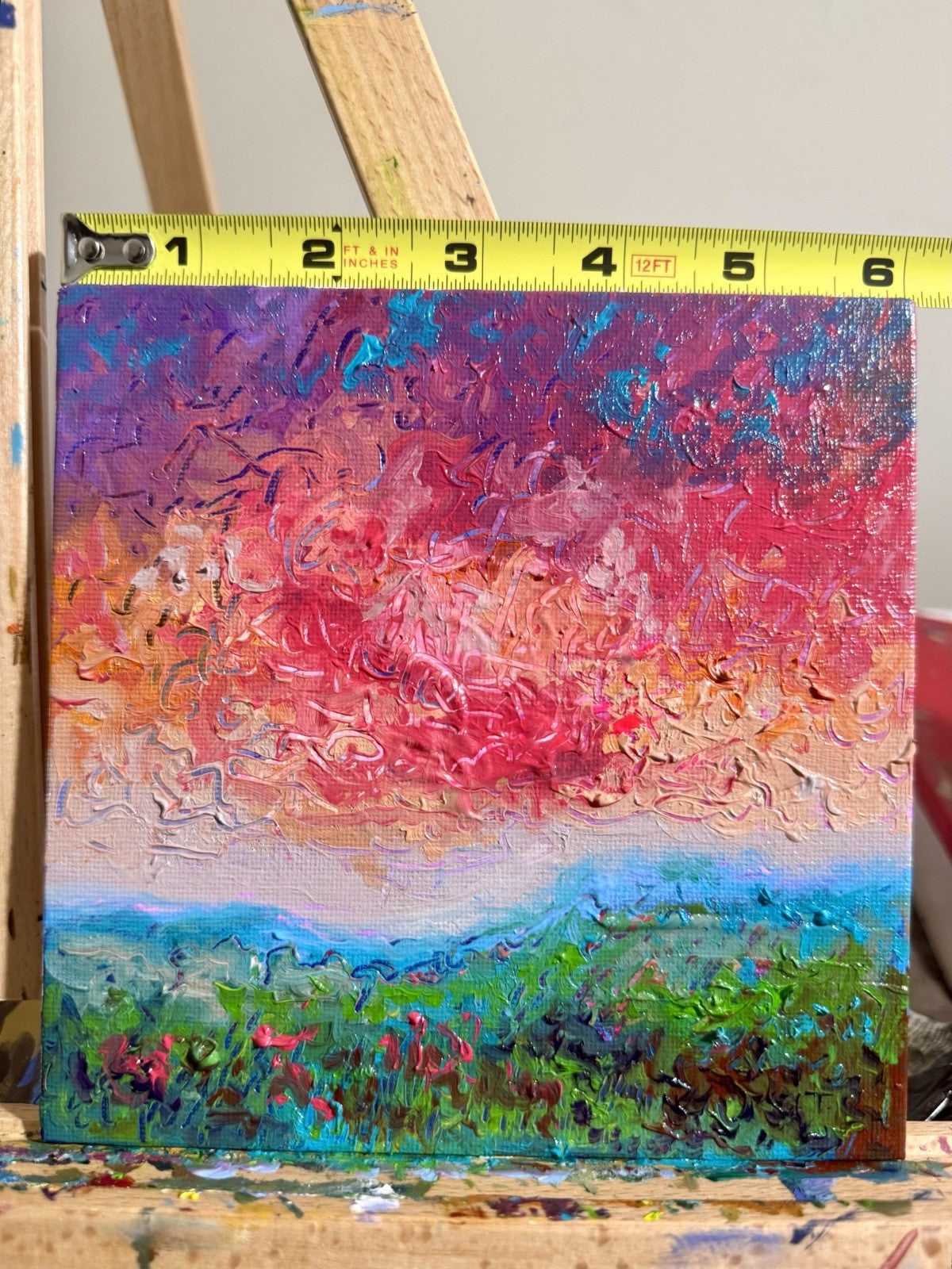 Oil painting ORIGINAL art Landscape sunset Sky Cloud wildflower field Floral 6x6