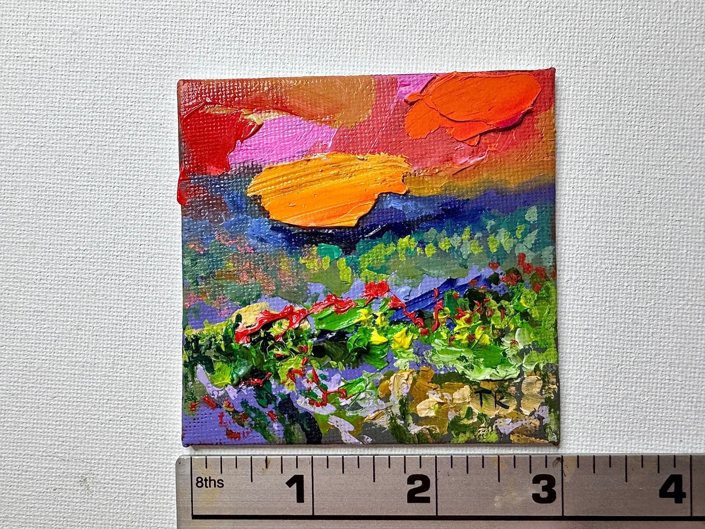 ORIGINAL oil painting Landscape artwork Meadow field wildflower Sunset art 3x3”