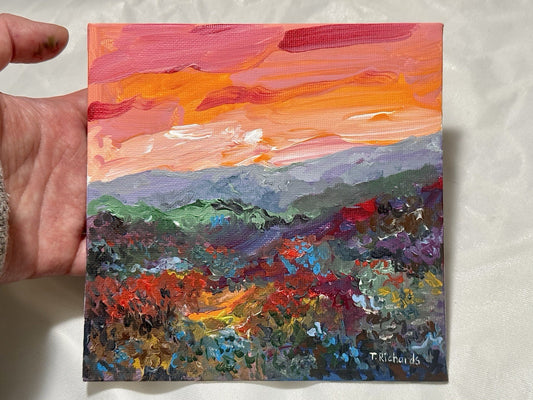 Acrylic painting ORIGINAL art Landscape sunset Mountain wildflower field 6x6
