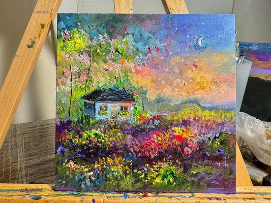 Farmhouse Oil painting ORIGINAL art Cottage House Flower Garden landscape 8x8