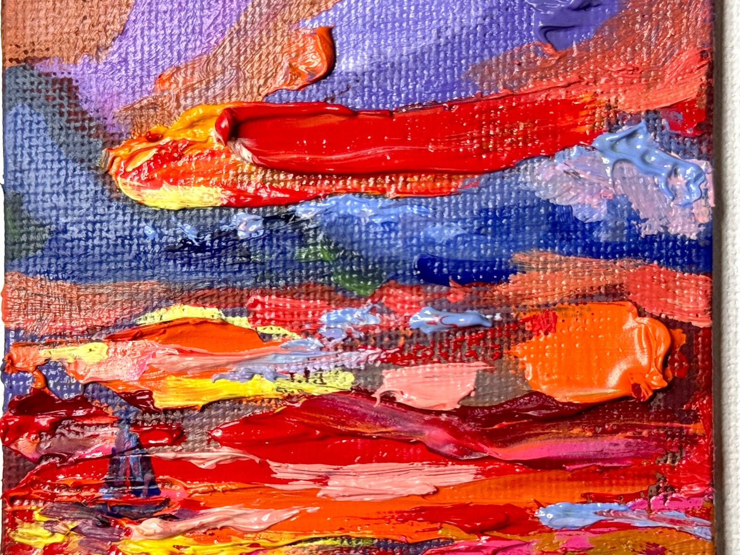 ORIGINAL oil painting Ocean sailboat River boat Sunset red seascape mini art 3x3