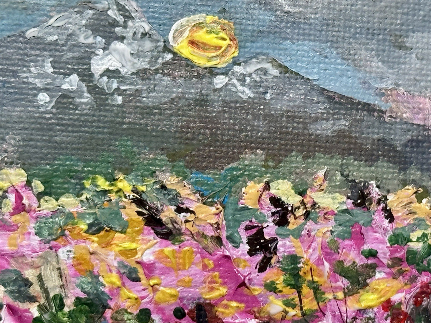 Wildflower field Original art Landscape Mountain NH floral Acrylic Painting 4x4”