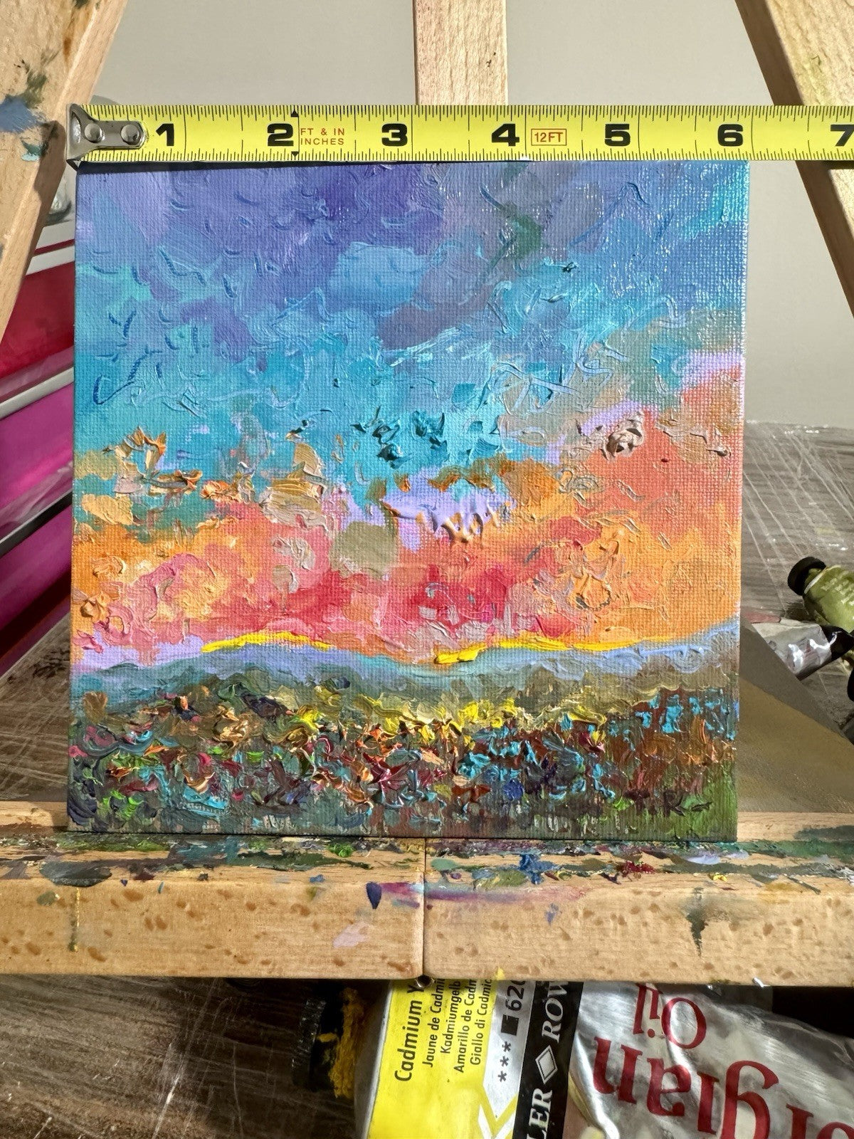 Oil painting ORIGINAL art Landscape sunset Sky Cloud wildflower field Floral 6x6