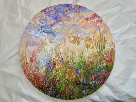 ORIGINAL art oil painting Floral meadow Flower field Round canvas artwork 11.5"