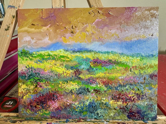 Oil painting panel ORIGINAL art Wildflower field Mountain Landscape flower 8x10