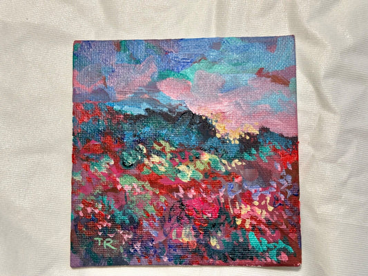 Wildflower field Original art Landscape red flower floral Acrylic Painting 4x4”