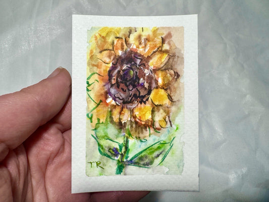 ACEO Watercolor Sunflower ORIGINAL Art ATC Painting Flower Floral Mini 2.5x3.5