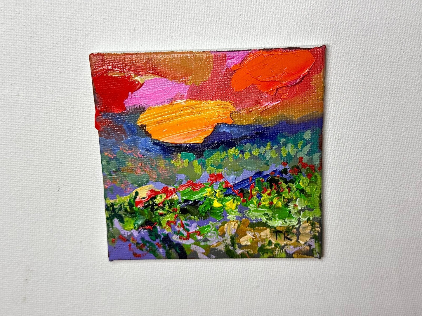 ORIGINAL oil painting Landscape artwork Meadow field wildflower Sunset art 3x3”