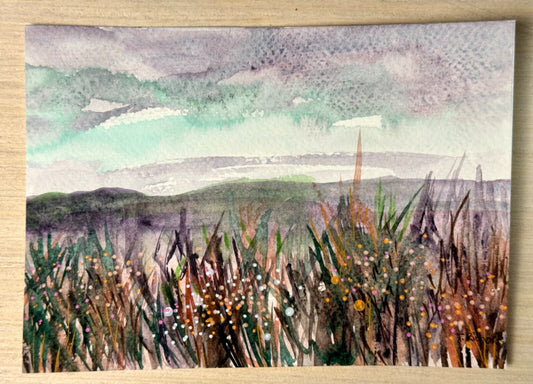 Wildflower field painting ORIGINAL art watercolor on paper Meadow artwork 5x7"