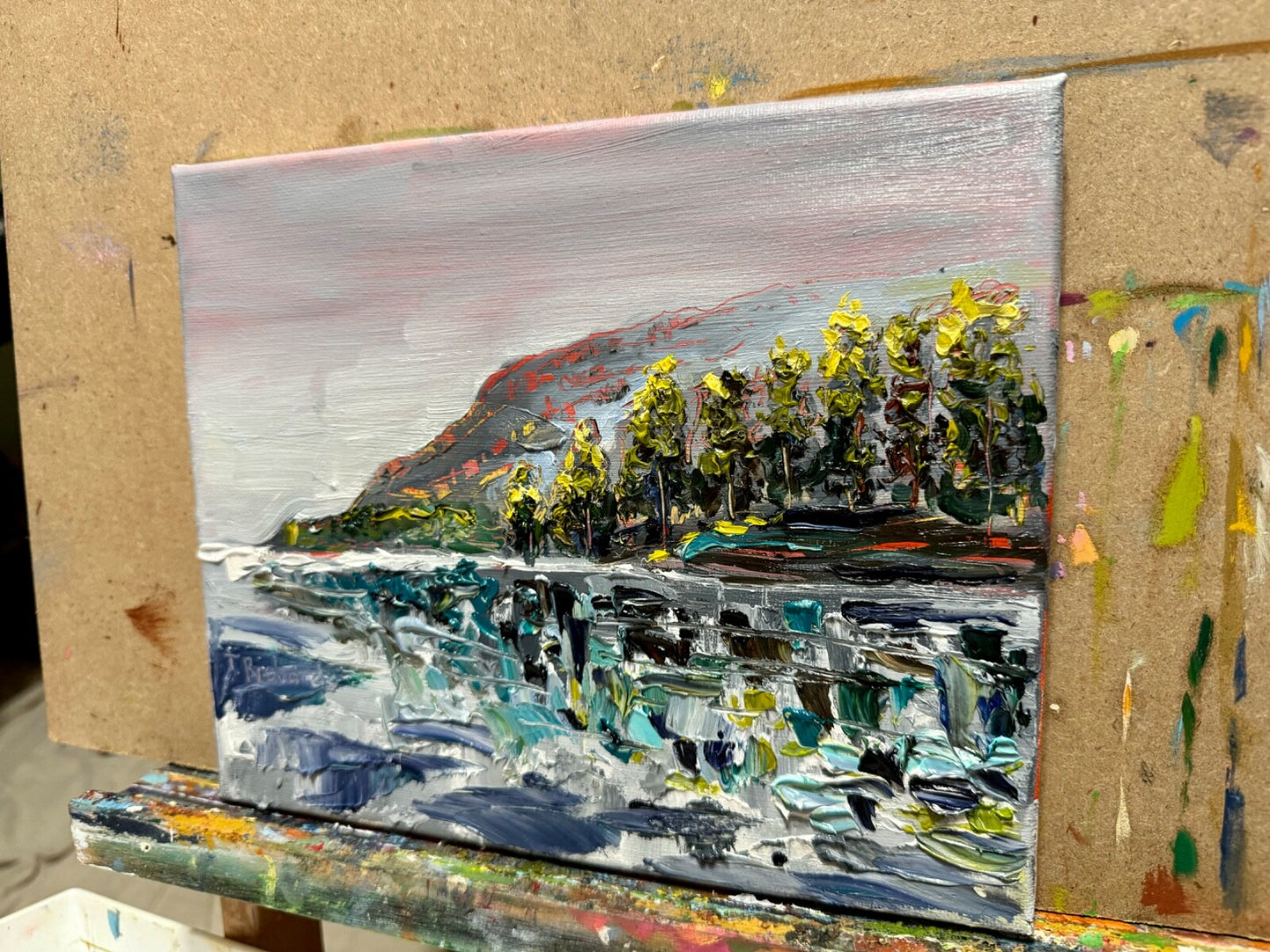 Oil painting ORIGINAL art Moody seascape morning Lake forest landscape 8x10"