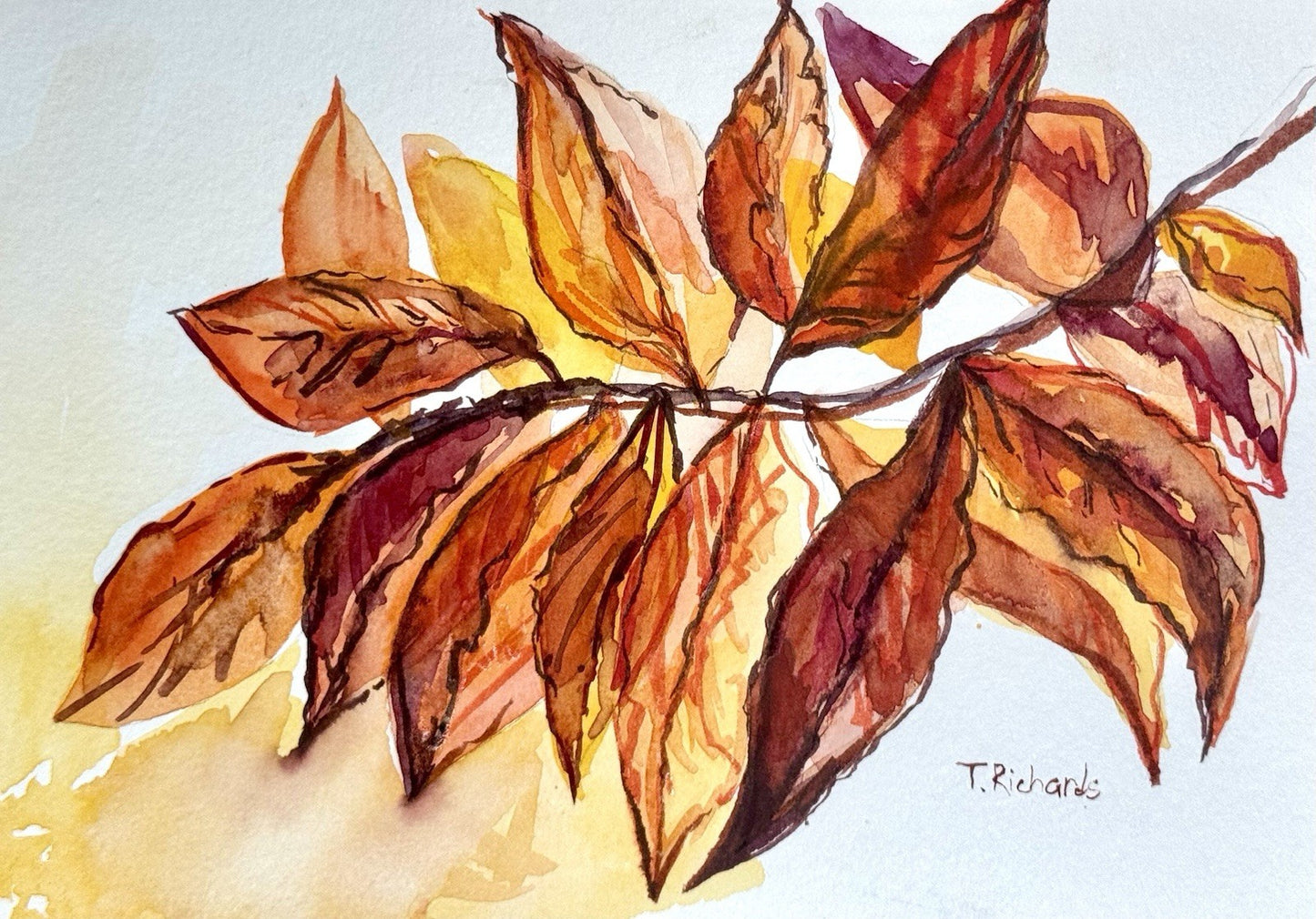 Watercolor painting ORIGINAL art Yellow Walnut Leaves Fall Autumn Signed 5x7"