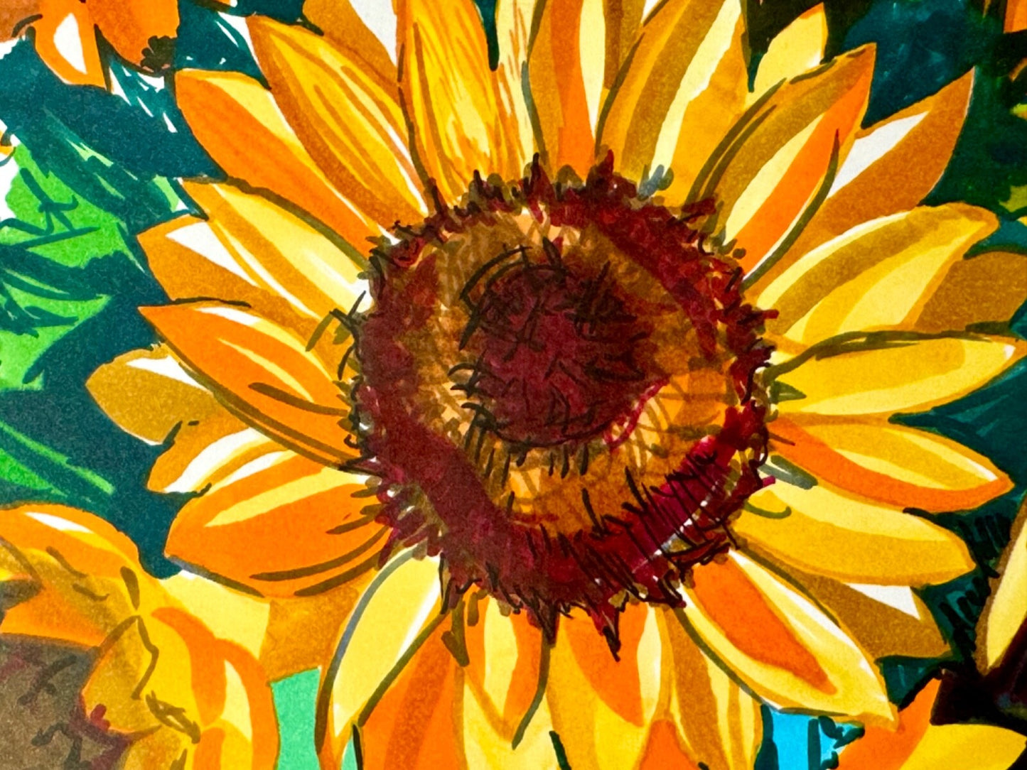 Sunflowers painting ORIGINAL art Flower floral Markers on thin paper signed 8x10