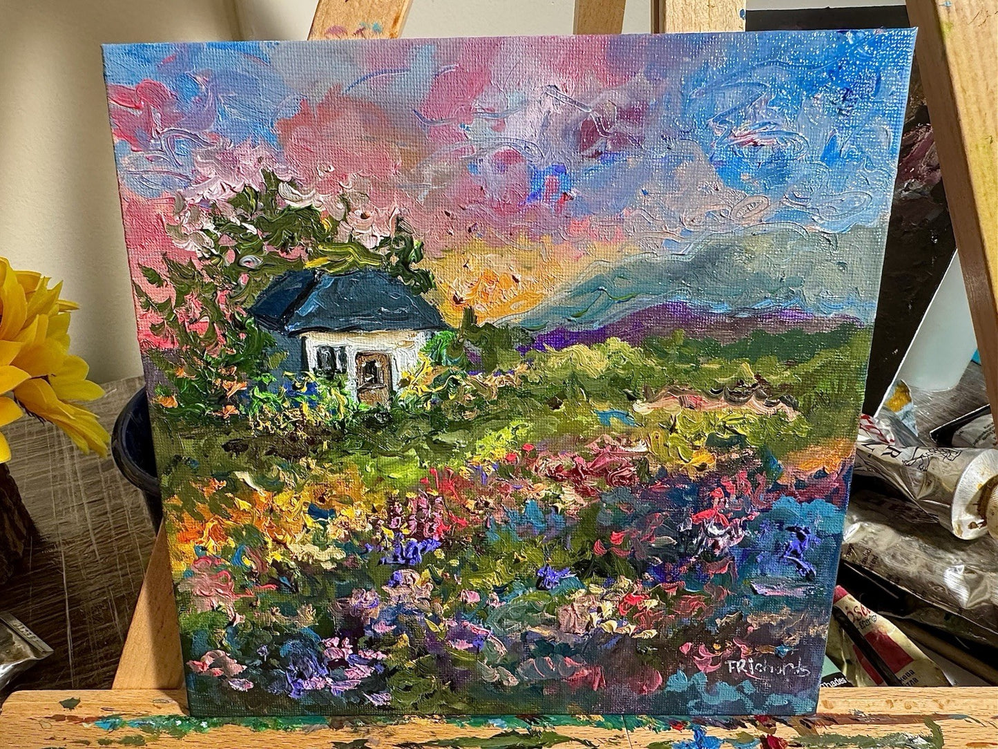 Farmhouse Oil painting ORIGINAL art Cottage House Flower Garden landscape 8x8