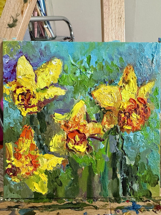 Oil painting ORIGINAL art Yellow Daffodil Flower Floral Nature Still Life 6x6”