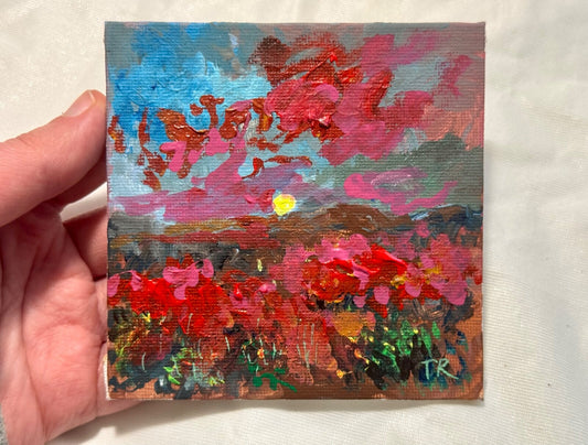Wildflower field Original art Landscape red flowers sunset Acrylic Painting 4x4”