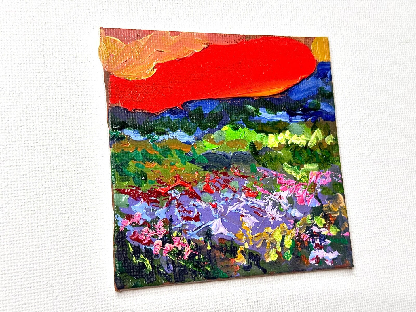 ORIGINAL oil painting Landscape artwork Meadow flower field lupine Sunset 3x3”