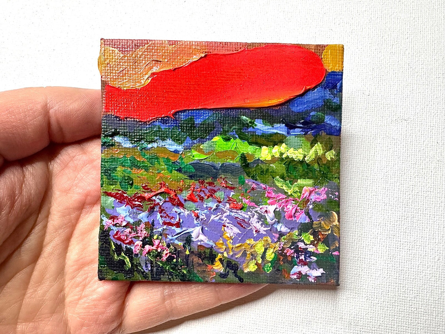ORIGINAL oil painting Landscape artwork Meadow flower field lupine Sunset 3x3”